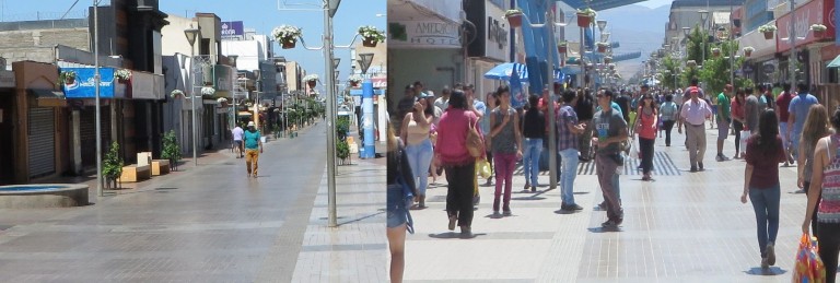 Las desiertas calles del centro de la ciudad y la música estridente en la plaza