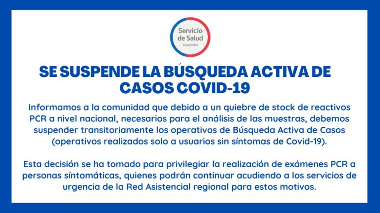 ¡Atención! Se suspende búsqueda activa de casos covid por pcr